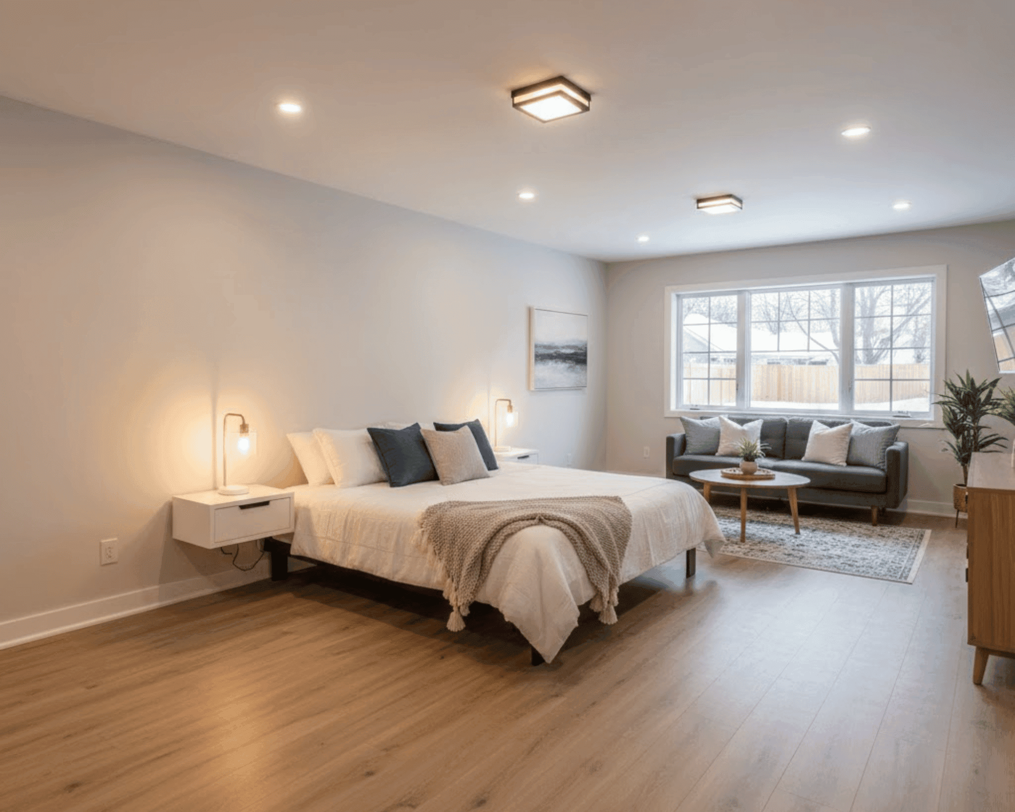 Garage converted into modern living space with bedroom and sitting area