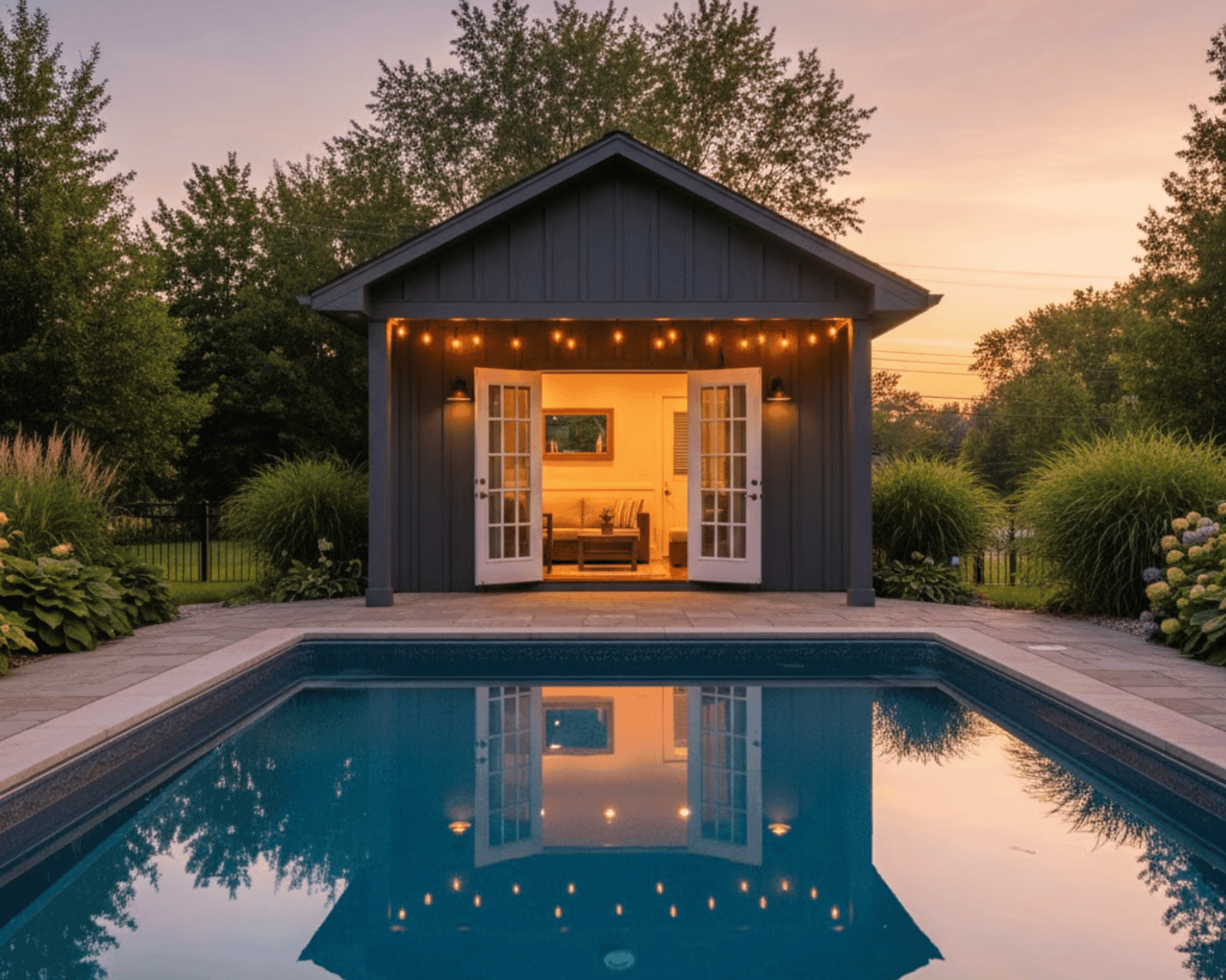 Custom pool house at dusk with string lights and open French doors