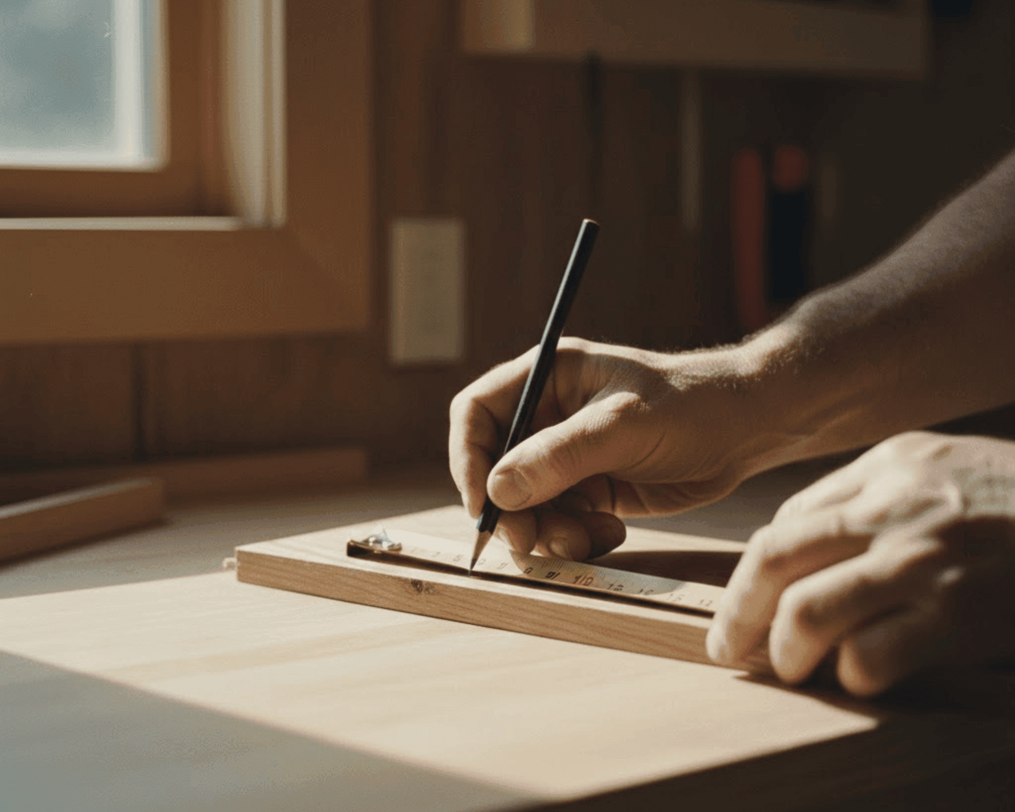 Craftsman measuring and marking wood for a custom build