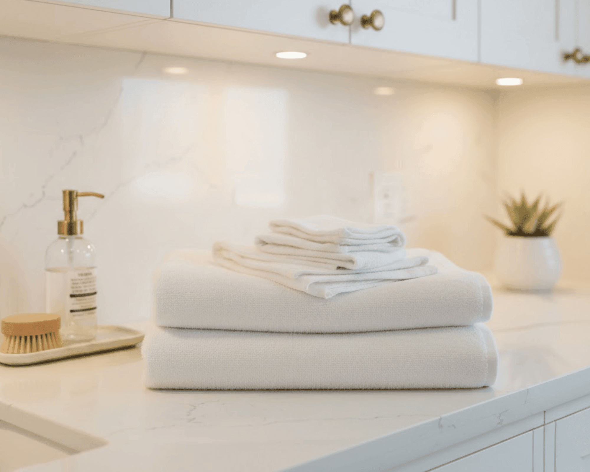 Clean white countertop with folded towels in laundry room