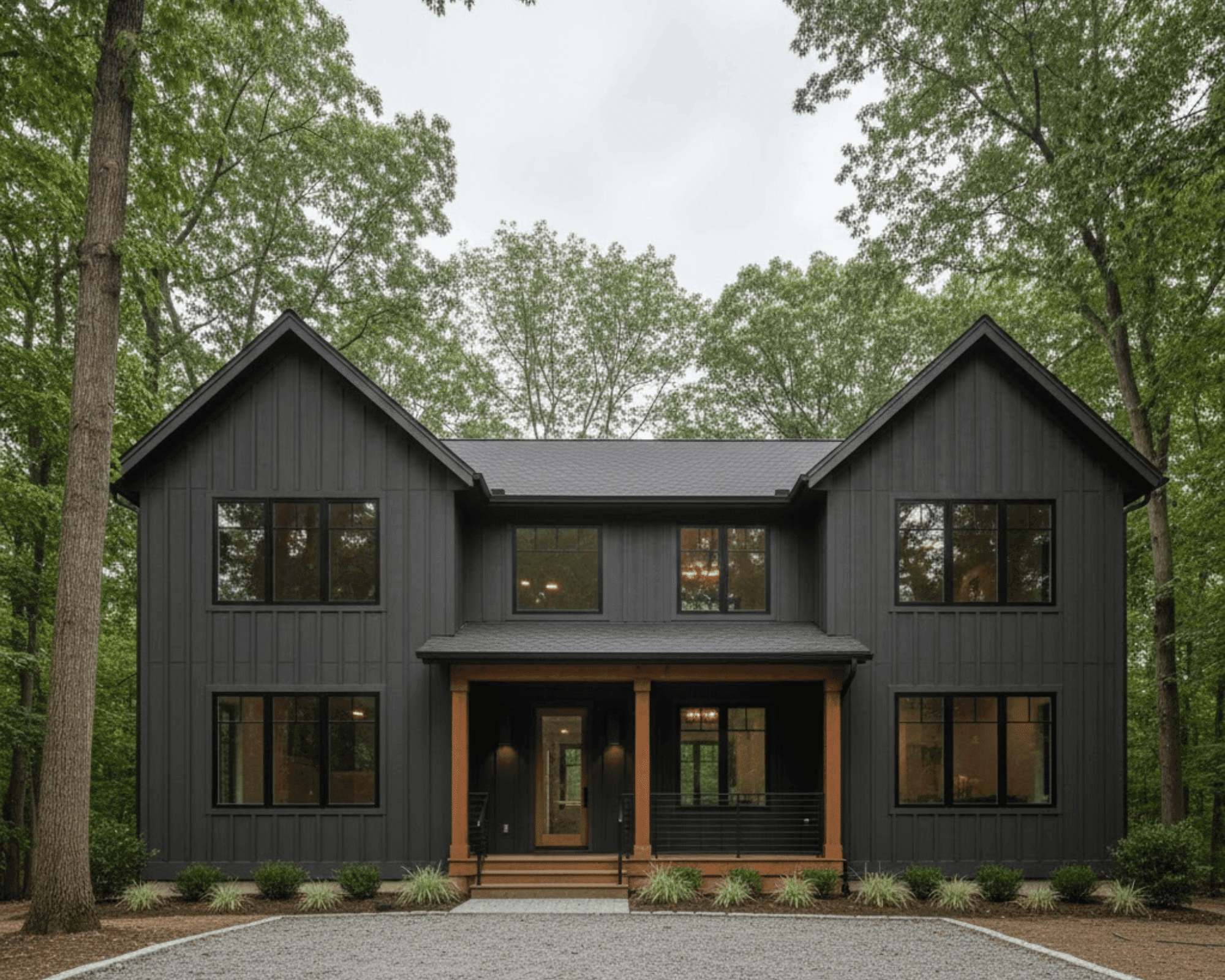 Modern farmhouse custom home with dark exterior and wood accents